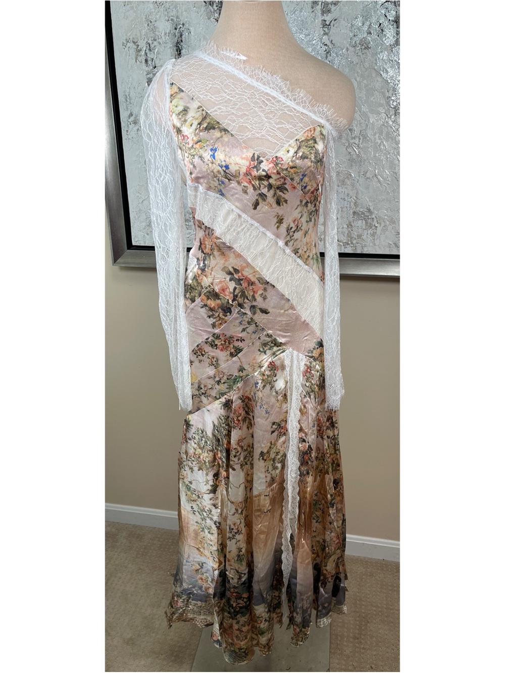 CAMILLA Lace Splice One Shoulder Long Sleeve Silk Maxi Dress Size Small - Picture 4 of 10